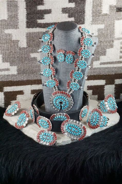 Turquoise Coral Sterling Silver Squash Blossom Necklace Set