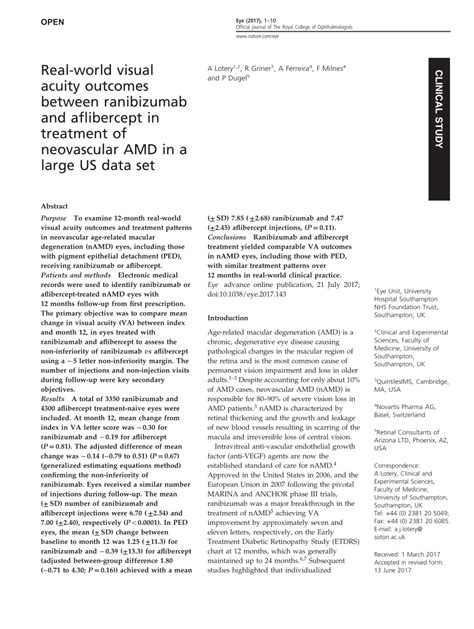 PDF Real World Visual Acuity Outcomes Between Ranibizumab And