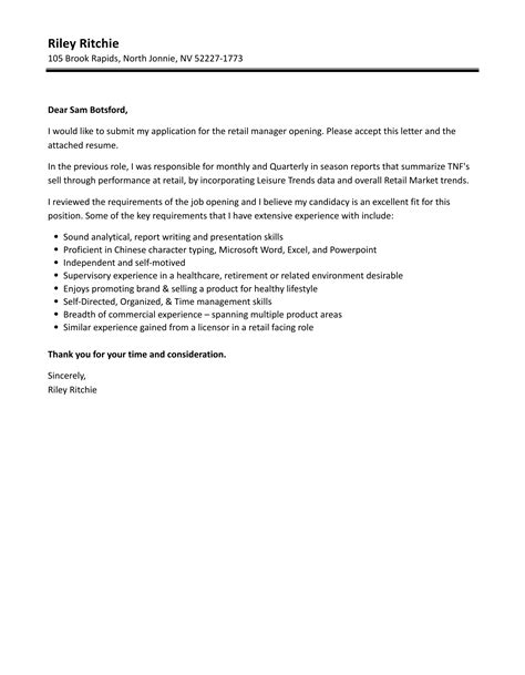 Retail Manager Cover Letter Velvet Jobs