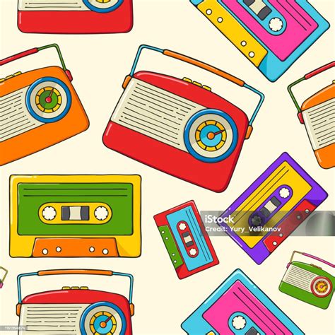 Vintage Radios And Audio Cassettes Hand Drawn Pop Art Style Seamless