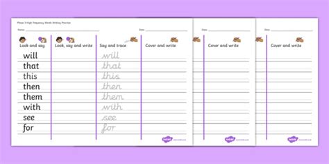 Phase High Frequency Words Writing Practice Worksheets Phase