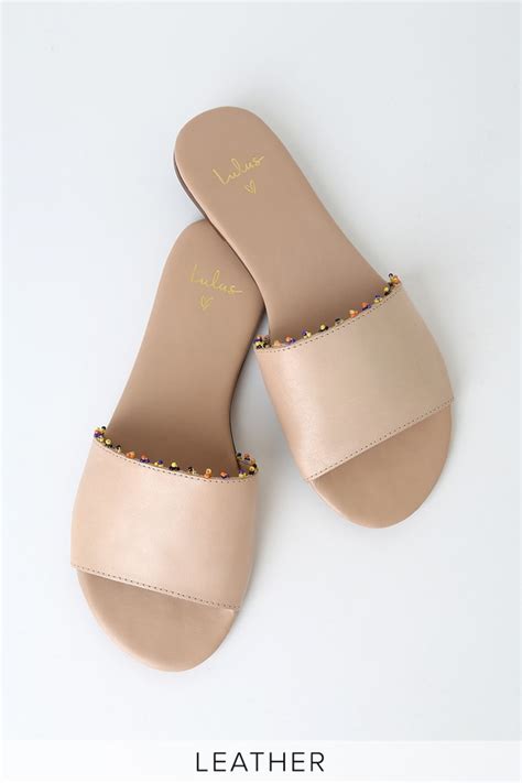 Cute Nude Slide Sandals Beaded Sandals Leather Slide Sandals Lulus