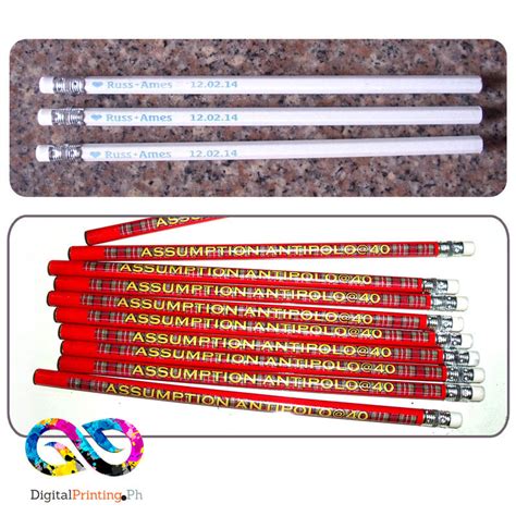 Personalized Pencils and Ballpens. Print logo, icons, multi-colored design.