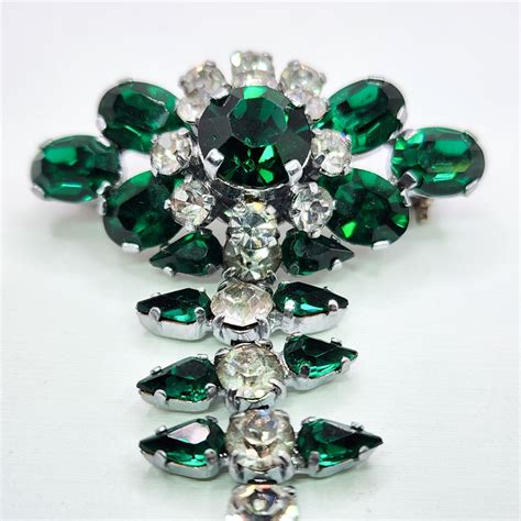 Great Lakes Vntg Emerald Green And Clear Rhinestone Drop Brooch