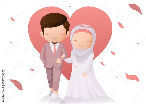 Cute Moslem Or Muslim Couple Wedding Cartoon Illustration With Love Background Stock Vector