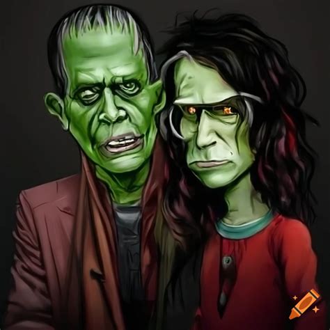 Caricature Of Steven Tyler And Frankenstein On A Spooky Train Station