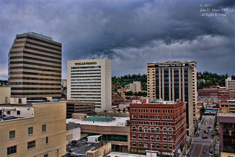 A southeast view into downtown Spokane. Spokane, Washington. Night photos