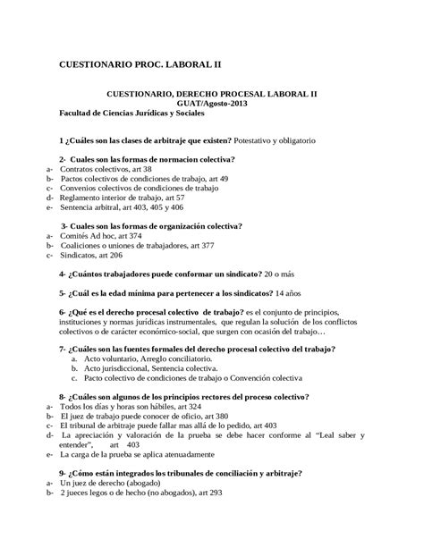 Cuestionario Derecho Laboral Apuntes De Derecho Laboral Docsity