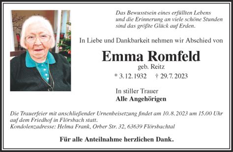 Traueranzeigen Von Emma Romfeld Trauer Gnz De