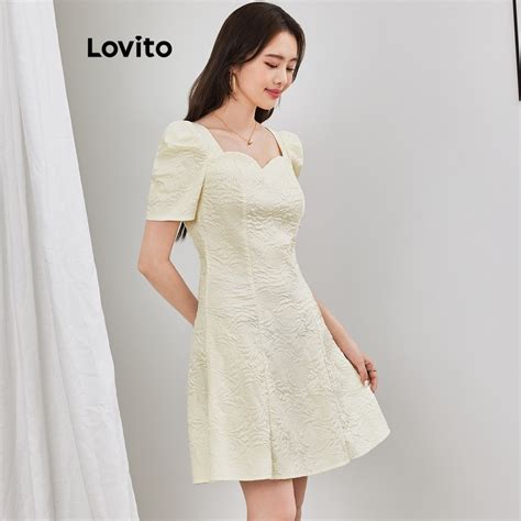 Lovito Women Elegant Plain Jacquard Puff Sleeve Dress L65ED159 Shopee