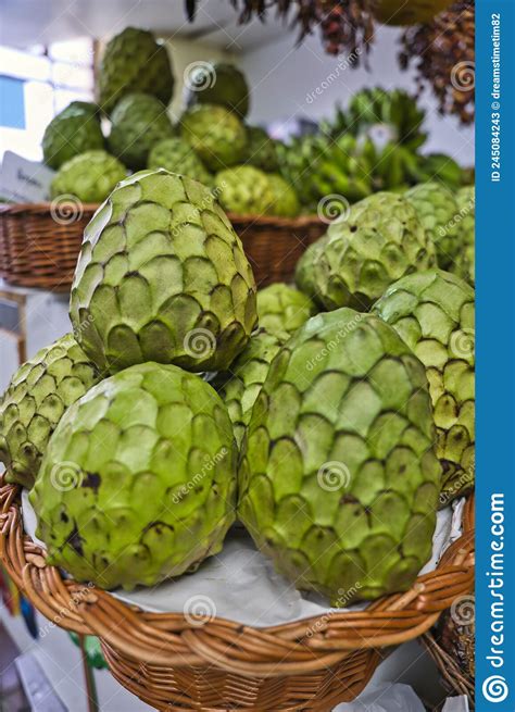 Macro Shot Of Cherimoya Fruits In A Wicker Basket The Cherimoya Is