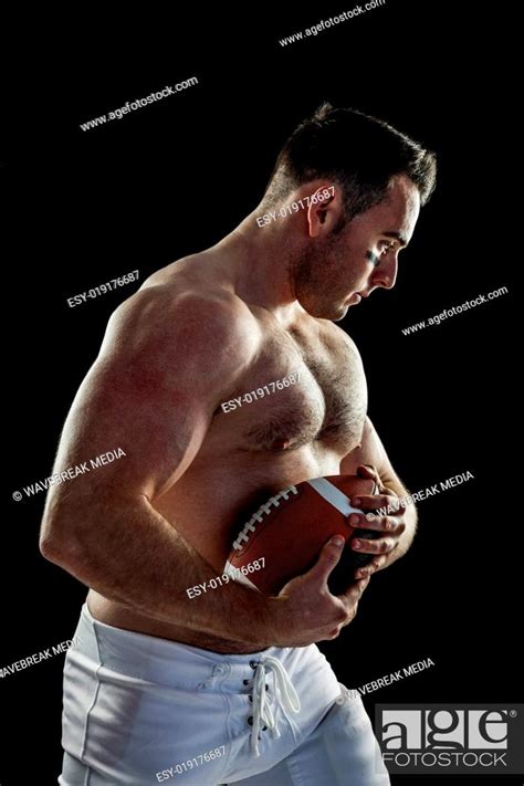 Shirtless American Football Player With Ball Stock Photo Picture And