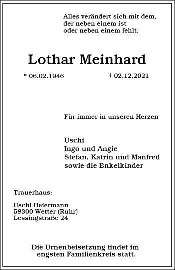 Traueranzeigen Von Lothar Meinhard Trauer In Nrw De