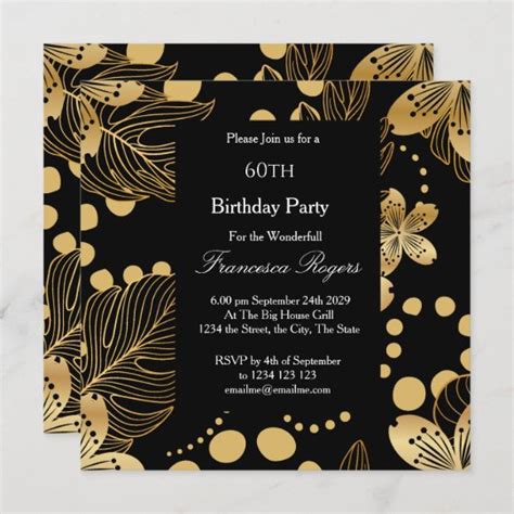 60th Birthday Party Gold Black Square Invitation