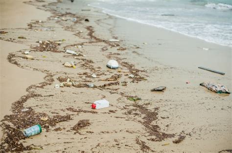 Contaminación De Playas Botellas De Plástico Y Otra Basura En La Playa