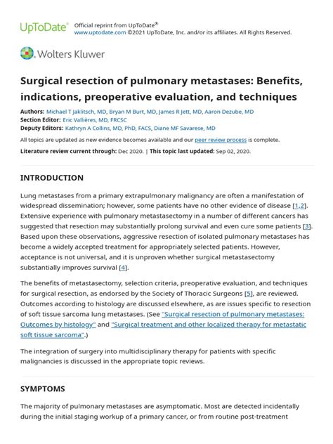 Surgical Resection Of Pulmonary Metastases Benefits Indications