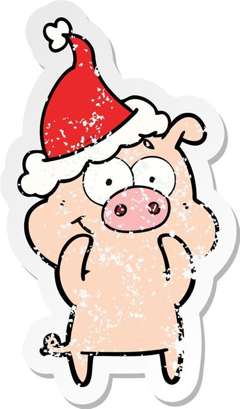 Happy Distressed Sticker Cartoon Of A Pig Wearing Santa Hat