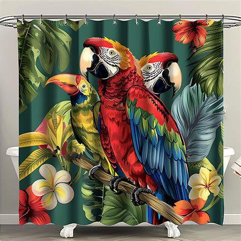 Vibrant Tropical Rainforest Macaw Parrot Shower Curtain Cartoon Design