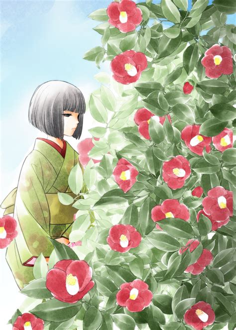 Safebooru 1girl Bangs Black Eyes Black Hair Blue Sky Blunt Bangs Bob Cut Bush Camellia Closed