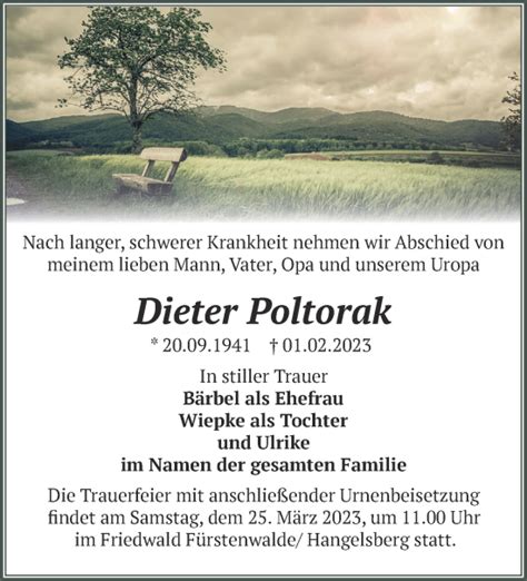 Traueranzeigen von Dieter Poltorak Märkische Onlinezeitung Trauerportal