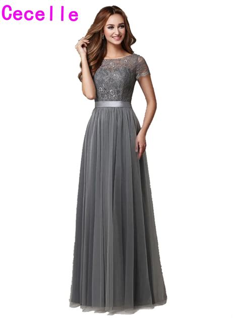 2018 Grey Long Modest Bridesmaid Dresses With Cap Sleeves Lace Tulle A