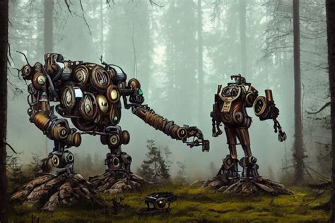 Steampunk Mech Standing In A Swedish Forest Very Low Stable