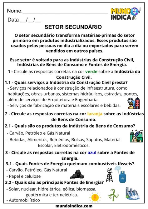Atividade Do Setor Secundário - 11 Atividades de Geografia sobre os Setores da Economia Brasileira ...