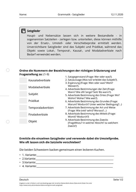 Arbeitsblatt Grammatik Satzglieder Deutsch Tutory De