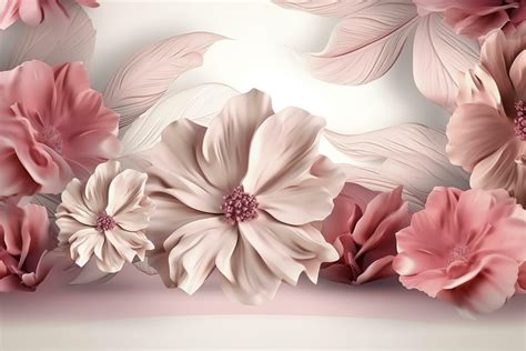 D Illustration Mural Wallpaper Pink Flowers In Light Background For