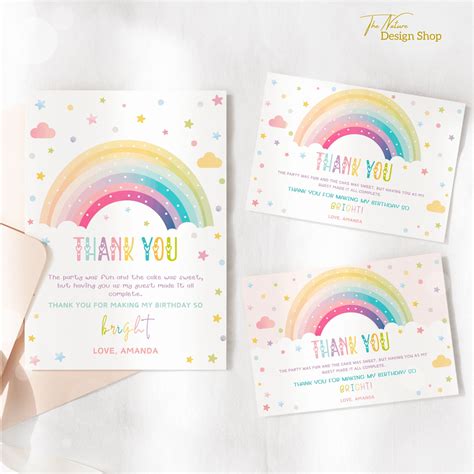 Editable Rainbow Birthday Thank You Cards Girl Rainbow Birthday Thank You Note Rainbow Thank You