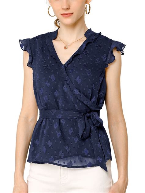 Allegra K Allegra K Womens V Neck Tie Waist Crossover Sleeveless Ruffle Peplum Blouse Wrap