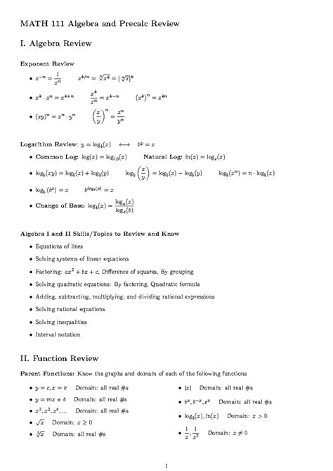 Algebra And Precalc Review Algebra Review Exponent Review X −n 1 Xn X K N N √ Xk [ N √ X