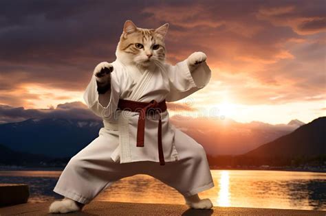 Ai Generated Illustration Of An Adorable Cat In A Karate Gi Stands In A