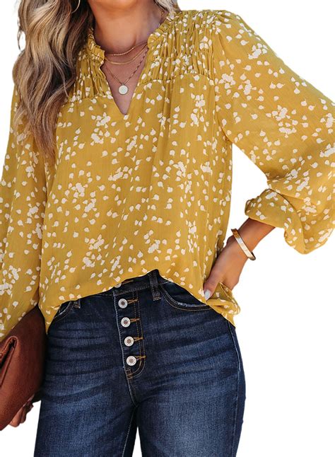 Evaless Spring Tops For Women Long Sleeve Casual V Neck Boho Floral Printed Blouses Loose Spring