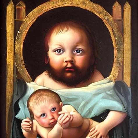 Renaissance Oil Painting Of Baby Jesus Full Beard Je