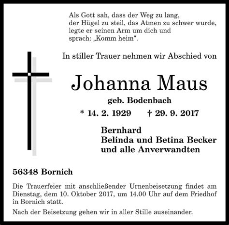 Traueranzeigen Von Johanna Maus Rz Trauer De