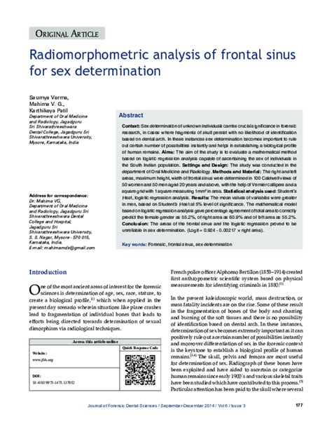 Pdf Radiomorphometric Analysis Of Frontal Sinus For Sex Determination