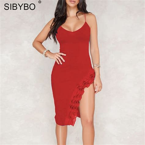 Sibybo Ruffles Side Split Sexy Bodycon Dress Spaghetti Strap Sleeveless