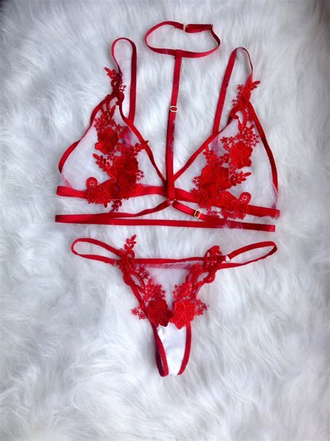 Red Lace Lingerie Set Sheer Lingerie Set See Through Lingerie Set