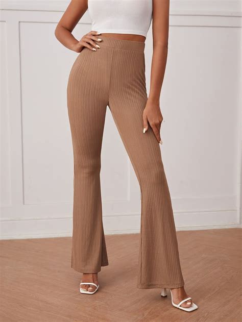 Solid Rib Knit Flare Leg Trousers