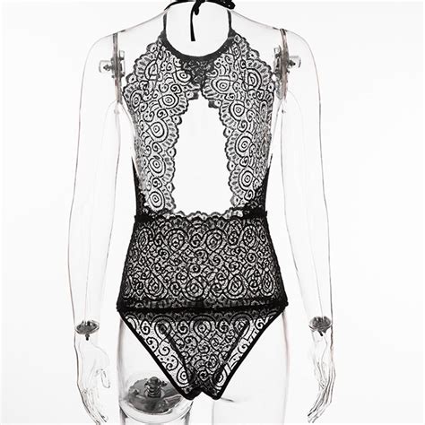 Buy Women Sexy Hollow Out Lace Hanging Neck Bodysuit Underwear At