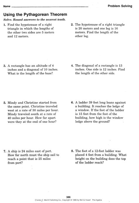 Pythagorean Theorem Word Problems Worksheet Englishworksheet My Id