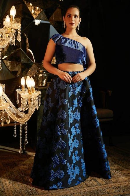 Buy Blue Pleated Polyester Embroidery One Blouse And Printed Lehenga