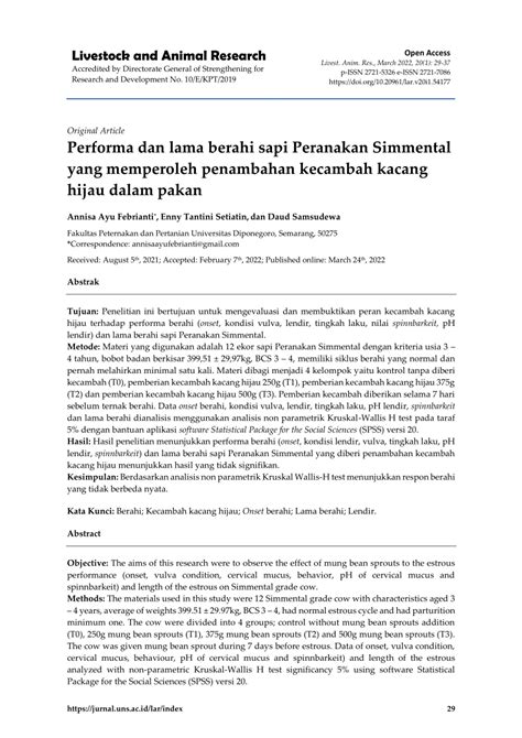 PDF Performa Dan Lama Berahi Sapi Peranakan Simmental Yang Memperoleh