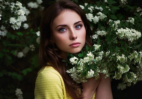 Brunette Flowers Portrait Face Natalya Women Blue Eyes Model