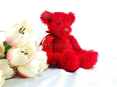 Red Teddy Bear With Tulip Artificial Flowers Bouquet Stock Image