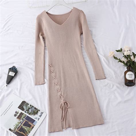 Outono Inverno Mulheres Vestido V Neck Lace Up Vestidos De Camisola De