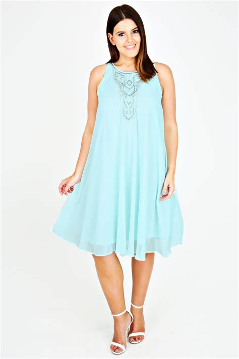 Mint Chiffon Sleeveless Swing Dress With Silver Embellishment Plus Size 141618202224262830