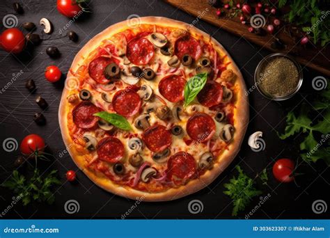 Italian Pizza With Salami Mushrooms Mozzarella Cheese And Tomatoes On