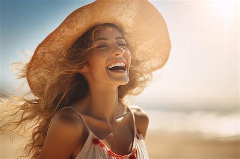 Premium Ai Image Photo Of A Happy Woman Wearing Straw Hat And Laughing With Sun Rays On The